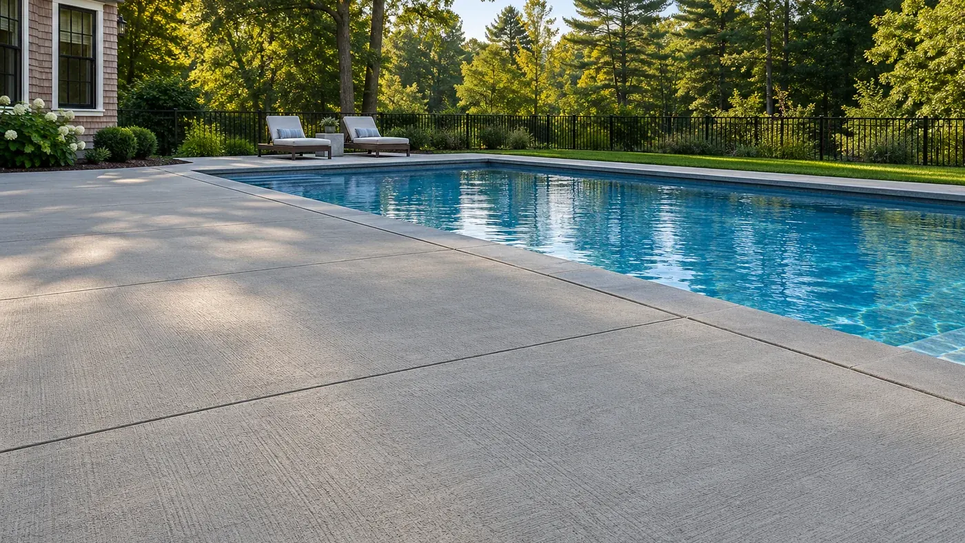 Broom-finished concrete pool patio running to the edge of an in-ground pool