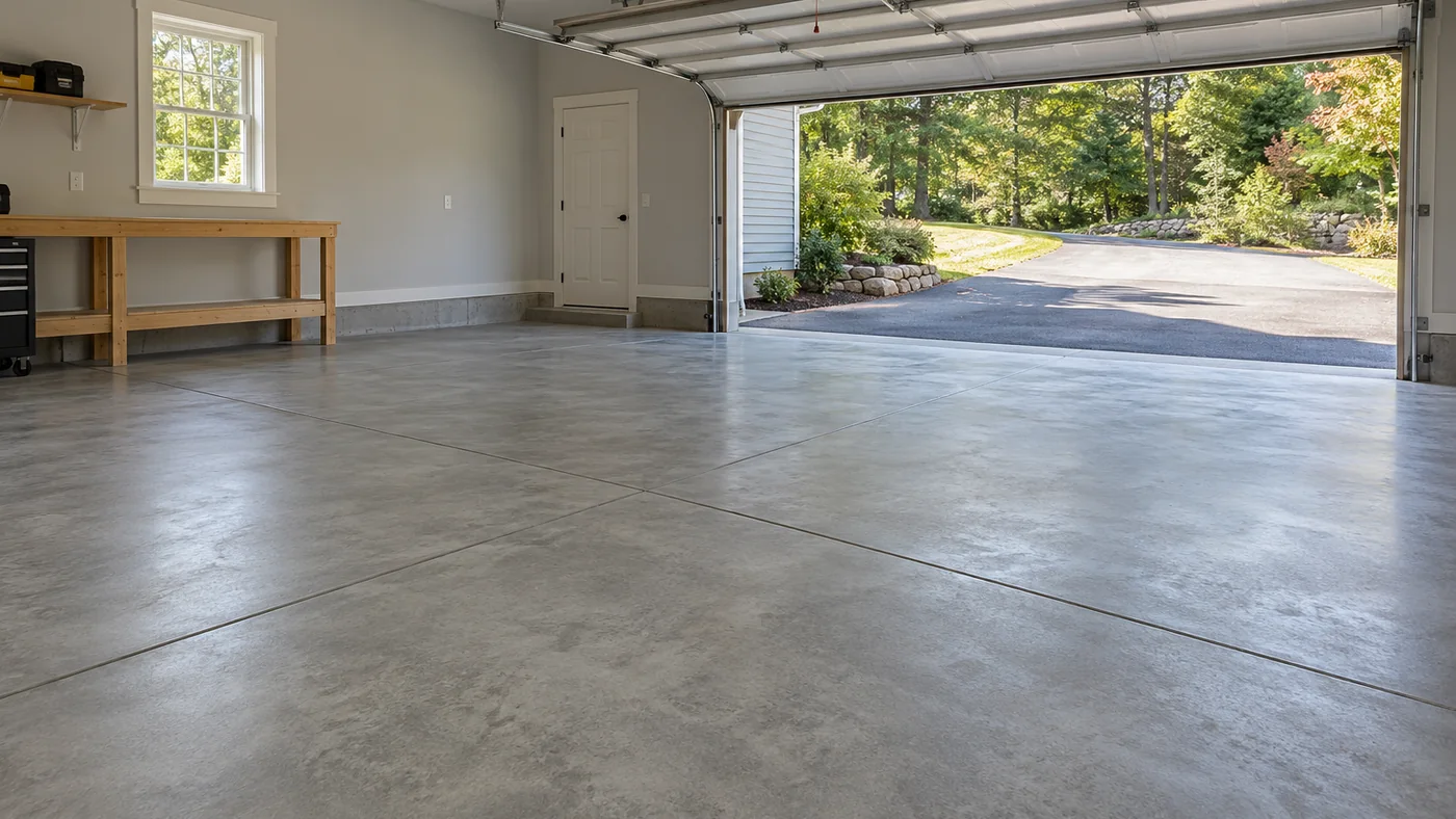 Finished two-car garage floor with a smooth troweled surface and the overhead door open to the driveway